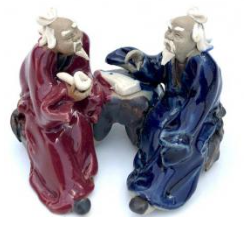 Ceramic Figurine Two Men Sitting On A Bench Playing Music 2" Color: Blue & Red