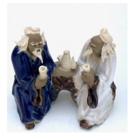 Ceramic Figurine Two Men Sitting On A Bench Drinking Tea 2" Color: Blue & White