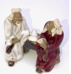 Ceramic Figurine Two Men Sitting On A Bench - 2" Color: Red & White