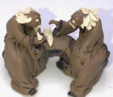 Miniature Ceramic Figurine Two Mud Men Sitting on a Bench Playing Music- 1.5"