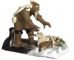 Ceramic Figurine Mud Man on Raft with Crane Catching Fish - 2.5