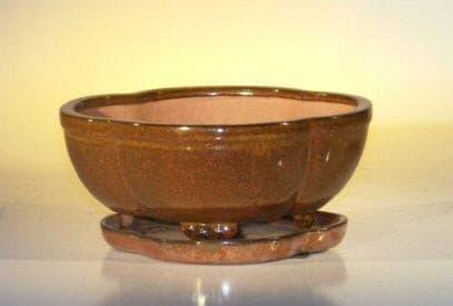 Aztec Orange Ceramic Bonsai Pot - Lotus Shape  Attached Humidity/Drip tray  8.5" x 6.5" x 3.5" - Bonsaiworldllc