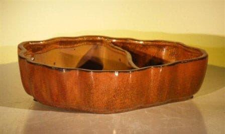 Aztec Orange Ceramic Bonsai Pot - Oval with Scalloped Edges - Land/Water Divider    9.5" x 7.5" x 2.25" - Bonsaiworldllc