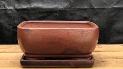 Aztec Orange Ceramic Bonsai Pot Professional Series Rectangle - With Attached Humidity/Drip Tray  8.25" x 6.5" x 4" - Bonsaiworldllc