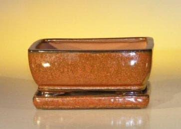 Aztec Orange Ceramic Bonsai Pot - Rectangle  With Attached Humidity/Drip tray  6.37" x 4.75" x 2.625" - Bonsaiworldllc