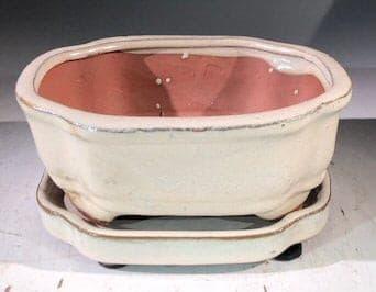 Beige Ceramic Bonsai Pot -Rectangle With Humidity Drip Tray 6" x 5" x 2.5" - Bonsaiworldllc