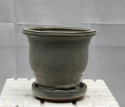 Beige Ceramic Bonsai Pot - Round With Attached Humidity Drip Tray 5.75" x 5.75" x 5.5" - Bonsaiworldllc
