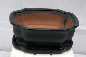 Black Ceramic Bonsai Pot - Rectangle With Humidity Drip Tray 10.5" x 8.75" x 4" - Bonsaiworldllc