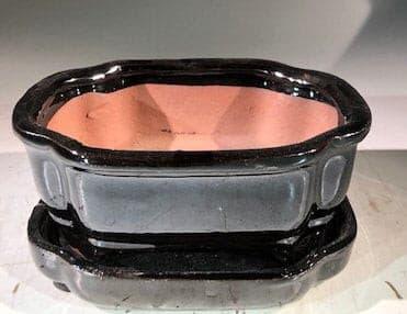 Black Ceramic Bonsai Pot -Rectangle With Humidity Drip Tray 6" x 4.5" x 2.5" - Bonsaiworldllc