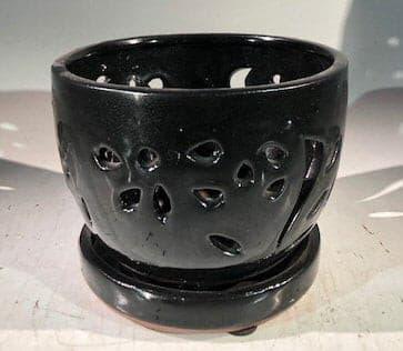 Black Ceramic Orchid Pot - Round  With Attached Humidity Drip Tray 6" x 6" x 4.5" tall - Bonsaiworldllc