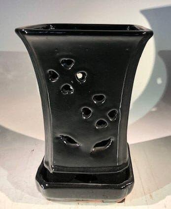 Black Ceramic Orchid Pot - Square  With Attached Humidity Drip Tray 6.5" x 6.5" x 9" - Bonsaiworldllc