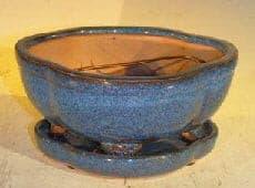 Blue Ceramic Bonsai Pot- Lotus Shape  Professional Series with Attached Humidity/Drip Tray  6.37" x 4.75" x 2.625 - Bonsaiworldllc