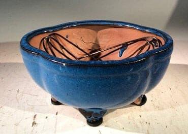 Blue Ceramic Bonsai Pot - Lotus Shaped  Professional Series   6" x 4" x 2" - Bonsaiworldllc