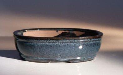 Blue Ceramic Bonsai Pot - Oval   Land/Water Divider   7.75"  x  6.0"  x  2.5" - Bonsaiworldllc