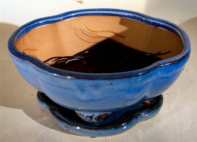 Blue Ceramic Bonsai Pot - Oval Professional Series with Attached Humidity/Drip tray  8.5" x 7" x 4" - Bonsaiworldllc