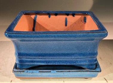 Blue Ceramic Bonsai Pot -Rectangle With Humidity Drip Tray 6" x 4.5" x 3" - Bonsaiworldllc