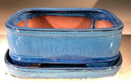 Blue Ceramic Bonsai Pot - Rectangle With Humidity Drip Tray 7" x 5.5" x 3" - Bonsaiworldllc