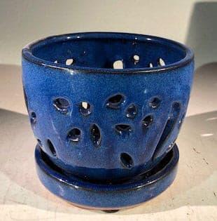 Blue Ceramic Orchid Pot - Round  With Attached Humidity Drip Tray 6" x 6" x 4.5" tall - Bonsaiworldllc