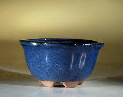 Blue Glazed Ceramic Bonsai Pot - Round, Lotus Style   5.0" x  2.75" - Bonsaiworldllc