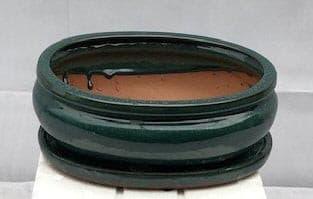 Blue / Green Ceramic Bonsai Pot - Oval With Humidity Drip Tray 10" x 8" x 4" - Bonsaiworldllc