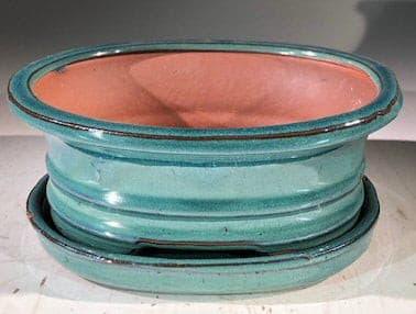 Blue / Green Ceramic Bonsai Pot -Oval With Humidity Drip Tray 7" x 5.5" x 3" - Bonsaiworldllc