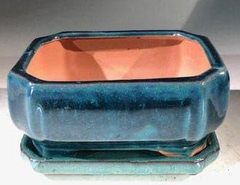 Blue / Green Ceramic Bonsai Pot - Rectangle  With Humidity Drip Tray 6" x 4.5" x 3" - Bonsaiworldllc