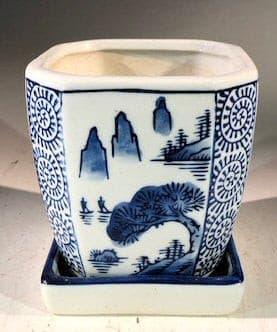 Blue on White Porcelain Bonsai Pot - Square  With Attached Humidity Drip Tray  4" x 4" x 4"" - Bonsaiworldllc